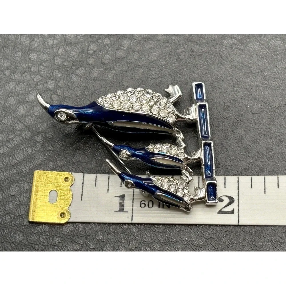 Vintage D'Orlan Penguin Brooch Pin Silver Tone Blue Enamel Crystal Rhinestone